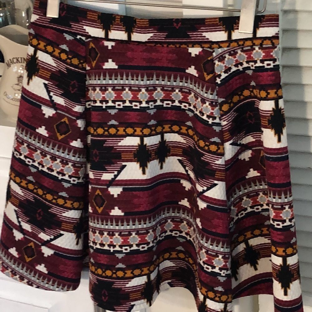 Southwestern Stretch Skater Skirt has Flair! In Deep Claret and Sundown Orange